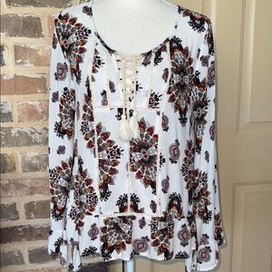 Les Souers Boho Paisley Peasant Top Sz M Crochet Lace Up Tassels Bell Sleeves